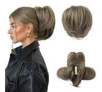 PORSMEER Short Chocolate Brown Ash Blonde Highlights Ponytail Hair Extension Claw Clip in Straight Messy Hair Bun with Bendable Metal Wire Hair Pieces for Women, Fake Pony Tail DIY Styles