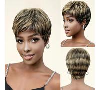 PORSMEER Short Human Hair Wig Pixie Cut Wigs for Women Short Straight Boy Cut Wig Ladies Glueless Layered None Lace Front Wig with Fringe (Black mix blonde)