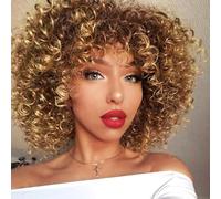 PORSMEER Short Kinky Curly Afro Wigs with Fringe Natural Looking Premium Synthetic Heat Resistant Hair Brown Mixed Blonde Wig for Black Women Ladies UK Cosplay and Daily,14 Inch