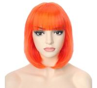 PORSMEER Short Orange Bob Wigs with Fringe For Unisex Womens Girls Natural Synthetic Hair Colorful Costume Cosplay Wig for Anime Halloween Fancy Dress Party+Wig Cap