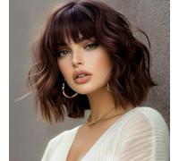 PORSMEER Short Pastel Wavy Bob Dark Brown Wig with Fringe Natural Looking Synthetic Hair Wigs for Women Party Or Daily Wear