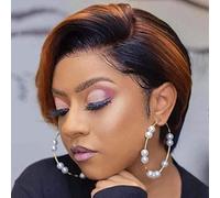 PORSMEER Short Pixie Cut Hair Wigs for Women Glueless Lace Front Wigs Ladies Short Bob Wigs with Side Bangs 6 Inch (Black mixed Ginger Blond)