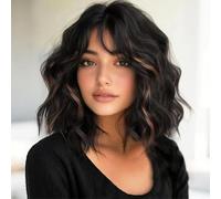 PORSMEER Short Wavy Bob Black Mixed Brown Highlight Wig with Fringe Natural Looking Synthetic Hair Wigs for Women Party Or Daily Wear