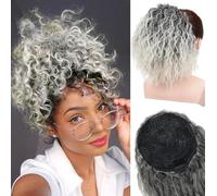 PORSMEER Short Wavy Curly Ponytail Extension,10 inch Ombre Silver Grey Drawstring Ponytail for Women Ladies Short Soft Natural Synthetic Hairpiece High Pony Hair Bun For Daily Use/Party