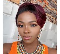 PORSMEER T Part Lace Front Pixie Cut Wigs for Women Natural Synthetic Hair Ladies Glueless Short Wigs with Side Bangs 6 Inch (Black mixed wine red)