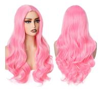 PORSMEER Wig Long PInk Curly Wavy Wigs for Women Ladies with Middle Part Cosplay Fancy Dress Wig Synthetic Heat Resistant Hair Wigs Long Replacement Hair (rosa)