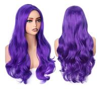 PORSMEER Wig Long Purple Curly Wavy Wigs for Women Ladies with Middle Part Cosplay Fancy Dress Wig Synthetic Heat Resistant Hair Wigs Long Replacement Hair (Dark purple)