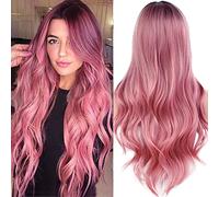 PORSMEER Wigs for Women Long Pink Pastel Wavy Curly Synthetic Hair Ombre Wig with Dark Roots Heat Resistant Natural Looking 24 inch for Daily Use or Cosplay Party