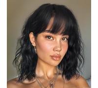 PORSMEER Women's Bob Shoulder Length Curly Wave Wig with Fringe Natural Synthetic Hair Black Wig, Anime Cosplay Halloween Wigs (Black)