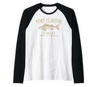 Port Clinton Ohio Walleye Vintage Tan Art Fishing Raglan Baseball Tee