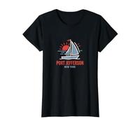 Port Jefferson New York Sailboat Sunset Design Value Graphic T-Shirt, Women, Black, M