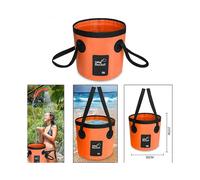 Portable 12V outdoor shower with folding bucket and shower head for camping, gentle and steady spray.