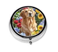 Portable 3-Compartment Pill Box â€“ Round Daily Medicine Organizer for Pocket or Purse, Golden Retriever and Flowers Ideal for Morning, Noon & Evening Doses