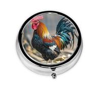 Portable 3-Compartment Pill Box â€“ Round Daily Medicine Organizer for Pocket or Purse, Old Rooster Illustration Ideal for Morning, Noon & Evening Doses