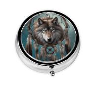 Portable 3 Compartment Pill Box, Round Daily Medicine Organizer for Pocket or Purse, 3D Wolf Dream Catcher, Great for Morning, Noon and Night Dose