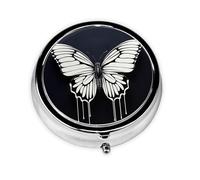 Portable 3-Compartment Pill Box - Round Daily Medicine Organizer for Pocket or Purse, A Black and White Butterfly Ideal for Morning, Noon & Evening Doses