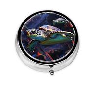 Portable 3-Compartment Pill Box - Round Daily Medicine Organizer for Pocket or Purse, A Colorful Tropical sea Turtle Ideal for Morning, Noon & Evening Doses