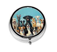 Portable 3-Compartment Pill Box - Round Daily Medicine Organizer for Pocket or Purse, A Large Group of Dogs on a Blue Background Ideal for Morning, Noon & Evening Doses