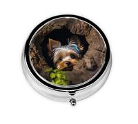 Portable 3-Compartment Pill Box - Round Daily Medicine Organizer for Pocket or Purse, A Little Yorkshire Terrier nestled in a Tree Hole Ideal for Morning, Noon & Evening Doses