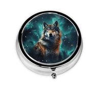 Portable 3-Compartment Pill Box - Round Daily Medicine Organizer for Pocket or Purse, A Wolf Stands in Front of the Starry Sky Ideal for Morning, Noon & Evening Doses