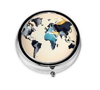 Portable 3-Compartment Pill Box - Round Daily Medicine Organizer for Pocket or Purse, Abstract World Map Ideal for Morning, Noon & Evening Doses