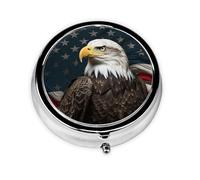 Portable 3-Compartment Pill Box - Round Daily Medicine Organizer for Pocket or Purse, American Bald Eagle Sitting on Flag Ribbon Ideal for Morning, Noon & Evening Doses
