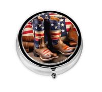 Portable 3-Compartment Pill Box - Round Daily Medicine Organizer for Pocket or Purse, American Flag with Cowboy Boots Ideal for Morning, Noon & Evening Doses