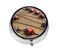 Portable 3-Compartment Pill Box - Round Daily Medicine Organizer for Pocket or Purse, Art Ladybug Tracks Ideal for Morning, Noon & Evening Doses