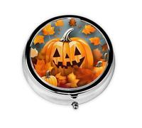 Portable 3-Compartment Pill Box - Round Daily Medicine Organizer for Pocket or Purse, Autumn Leaves Thanksgiving Day Pumpkin Ideal for Morning, Noon & Evening Doses