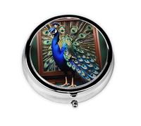 Portable 3-Compartment Pill Box - Round Daily Medicine Organizer for Pocket or Purse, Beautiful Peacock Picture Ideal for Morning, Noon & Evening Doses