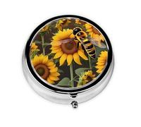 Portable 3-Compartment Pill Box - Round Daily Medicine Organizer for Pocket or Purse, bee & Sunflowers Ideal for Morning, Noon & Evening Doses