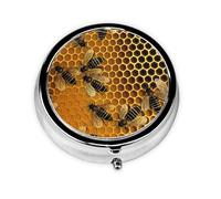 Portable 3-Compartment Pill Box - Round Daily Medicine Organizer for Pocket or Purse, Bees on hive Ideal for Morning, Noon & Evening Doses