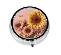 Portable 3-Compartment Pill Box - Round Daily Medicine Organizer for Pocket or Purse, Big Sunflower on Pink Background Ideal for Morning, Noon & Evening Doses
