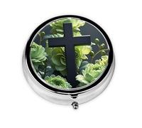 Portable 3-Compartment Pill Box - Round Daily Medicine Organizer for Pocket or Purse, Black Cross Among Green Flowers Ideal for Morning, Noon & Evening Doses