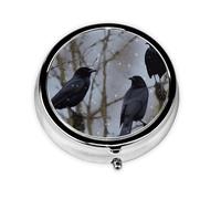 Portable 3-Compartment Pill Box - Round Daily Medicine Organizer for Pocket or Purse, Black Crow Birds Ideal for Morning, Noon & Evening Doses