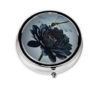 Portable 3-Compartment Pill Box - Round Daily Medicine Organizer for Pocket or Purse, Black Flowers and Dragonfly Ideal for Morning, Noon & Evening Doses
