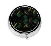 Portable 3-Compartment Pill Box - Round Daily Medicine Organizer for Pocket or Purse, Black Green and Gold Geometric Ideal for Morning, Noon & Evening Doses