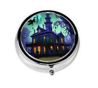 Portable 3-Compartment Pill Box - Round Daily Medicine Organizer for Pocket or Purse, Black Haunted Mansion Ideal for Morning, Noon & Evening Doses
