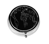 Portable 3-Compartment Pill Box - Round Daily Medicine Organizer for Pocket or Purse, Black World Map Ideal for Morning, Noon & Evening Doses