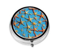 Portable 3-Compartment Pill Box - Round Daily Medicine Organizer for Pocket or Purse, Blue Background with Many Starfish Ideal for Morning, Noon & Evening Doses
