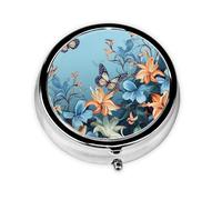 Portable 3-Compartment Pill Box - Round Daily Medicine Organizer for Pocket or Purse, Blue Butterfly Floral Ideal for Morning, Noon & Evening Doses