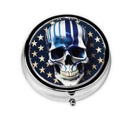 Portable 3-Compartment Pill Box - Round Daily Medicine Organizer for Pocket or Purse, Blue Stripe Stars Skull Ideal for Morning, Noon & Evening Doses