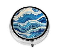 Portable 3-Compartment Pill Box - Round Daily Medicine Organizer for Pocket or Purse, Blue Wave Painting Ideal for Morning, Noon & Evening Doses