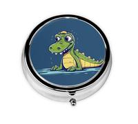 Portable 3-Compartment Pill Box - Round Daily Medicine Organizer for Pocket or Purse, Cartoon Crocodile Ideal for Morning, Noon & Evening Doses