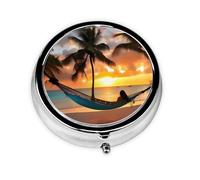 Portable 3-Compartment Pill Box - Round Daily Medicine Organizer for Pocket or Purse, Coconut Beach Sunset Hammock Ideal for Morning, Noon & Evening Doses