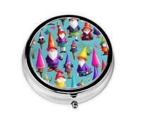Portable 3-Compartment Pill Box - Round Daily Medicine Organizer for Pocket or Purse, Colorful Gnomes Ideal for Morning, Noon & Evening Doses