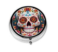 Portable 3-Compartment Pill Box - Round Daily Medicine Organizer for Pocket or Purse, Colorful Sugar Skull Ideal for Morning, Noon & Evening Doses
