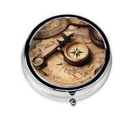 Portable 3-Compartment Pill Box - Round Daily Medicine Organizer for Pocket or Purse, Compass and Old World Map Ideal for Morning, Noon & Evening Doses