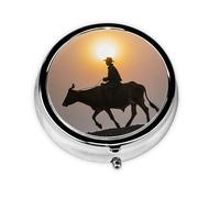 Portable 3 Compartment Pill Box - Round Daily Medicine Organizer for Pocket or Purse, Cool Bull Silhouette Great for Morning, Noon and Evening Doses