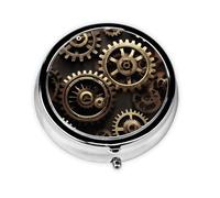 Portable 3 Compartment Pill Box, Round Daily Medicine Organizer for Pocket or Purse, Cool Steampunk Gears, Great for Morning, Noon and Evening Doses